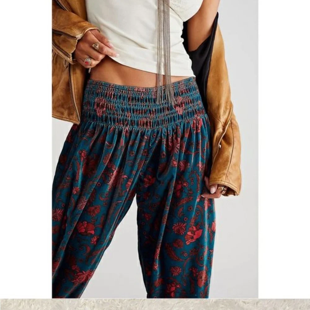 Free people Marla harem velvet Bohemian Pants EUC gorgeous peacock blue M - Picture 2 of 5